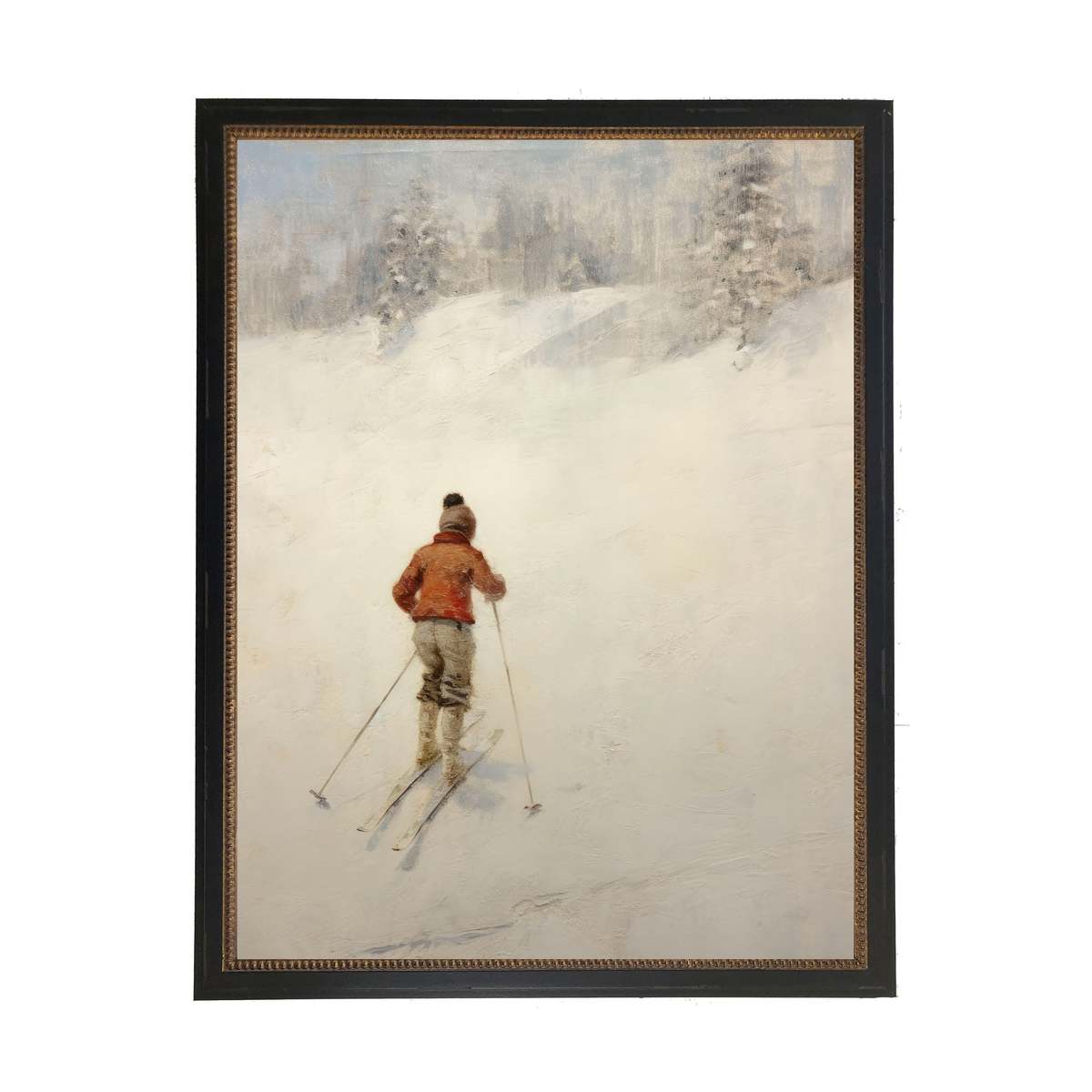 Antique Curiosities Vintage Oil Painting of Boy Skiing Framed Print - Image 1 of 2