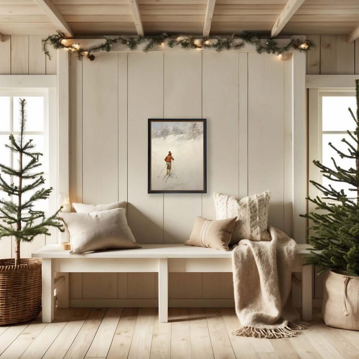 Antique Curiosities Vintage Oil Painting of Boy Skiing Framed Print - Image 2 of 2