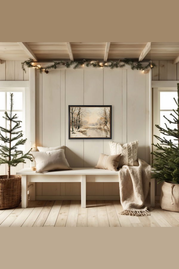 Antique Curiosities Vintage Oil Painting of Snowy River Scene Framed Print