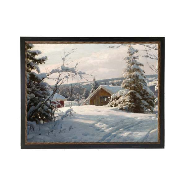 Antique Curiosities Vintage Oil Reproduction of a Snowy Cabin in the Woods Framed Print