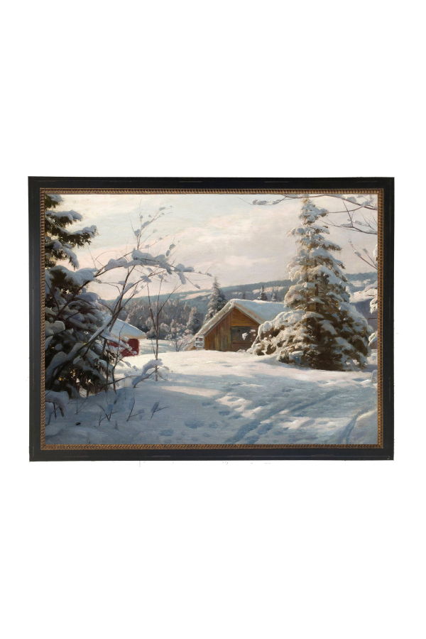Antique Curiosities Vintage Oil Reproduction of a Snowy Cabin in the Woods Framed Print