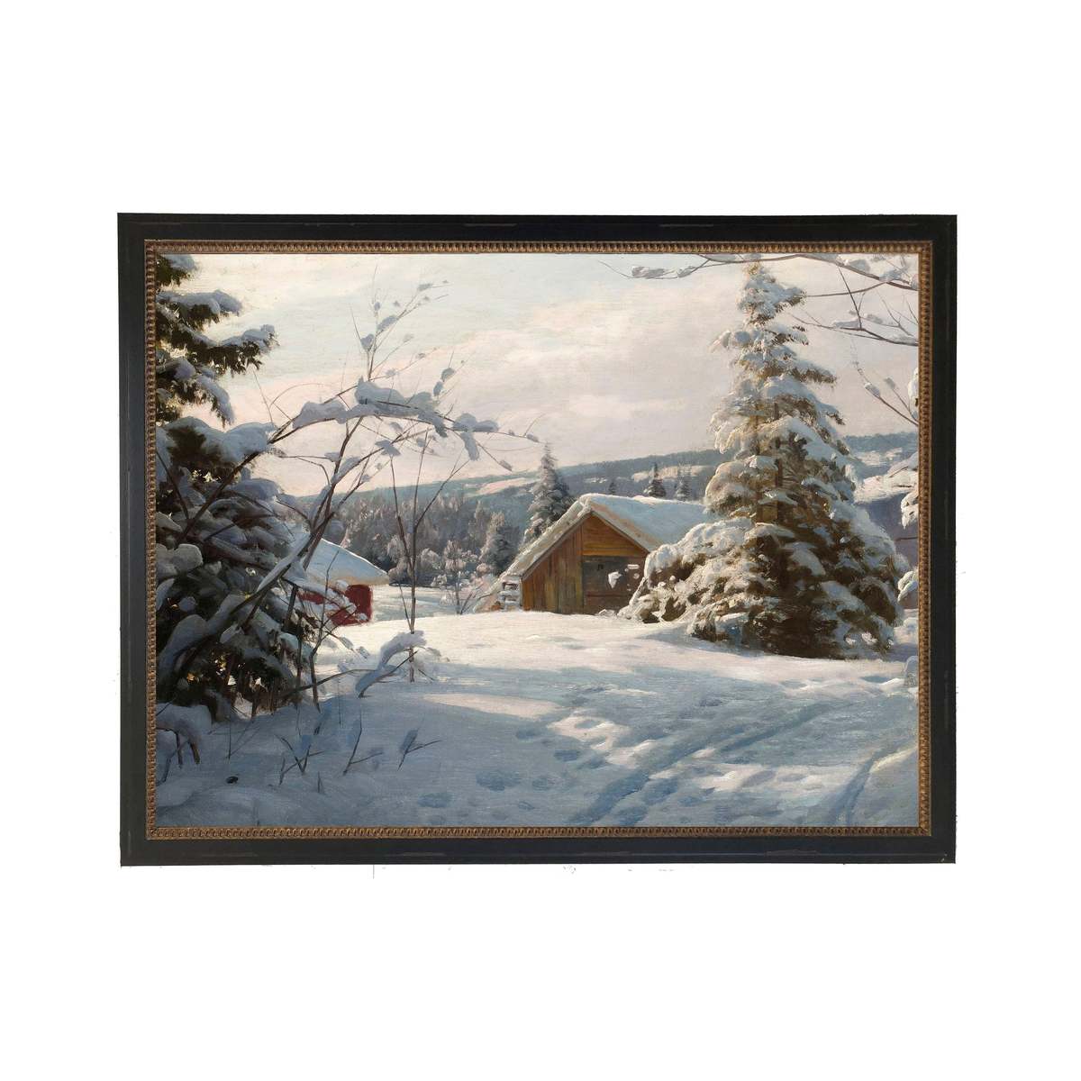 Antique Curiosities Vintage Oil Reproduction of a Snowy Cabin in the Woods Framed Print - Image 1 of 1