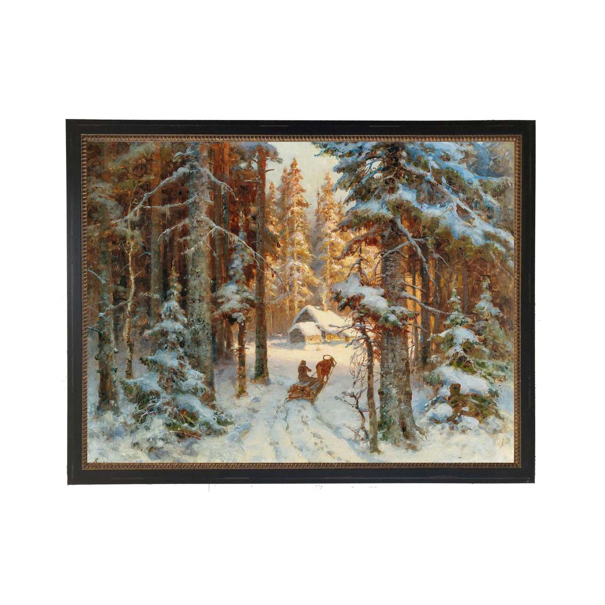 Antique Curiosities Vintage Oil Reproduction Snowy Winter Scene Framed Print - Image 1 of 1
