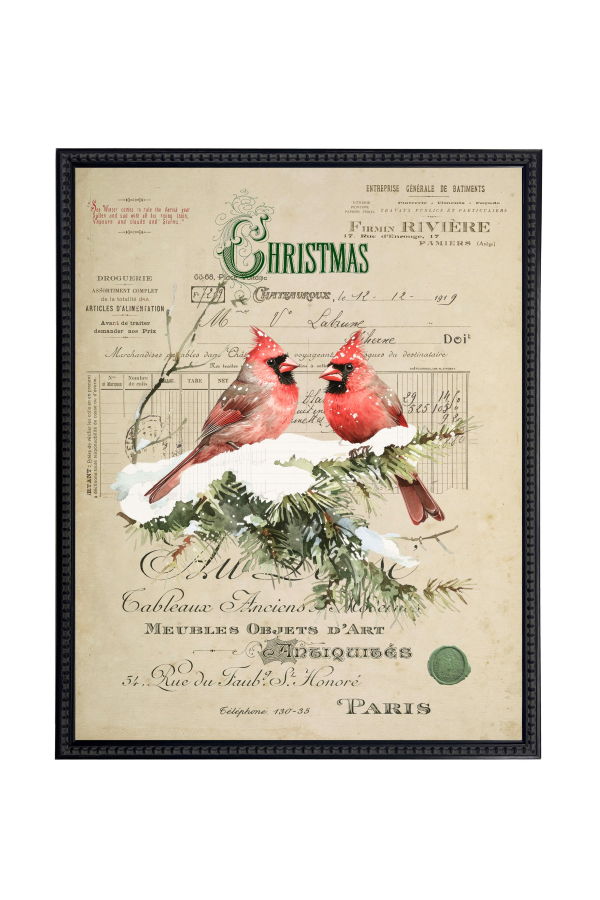 Antique Curiosities Vintage Painting of Cardinals on a Distressed Bookplate Background Wall Art