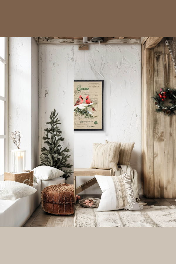 Antique Curiosities Vintage Painting of Cardinals on a Distressed Bookplate Background Wall Art