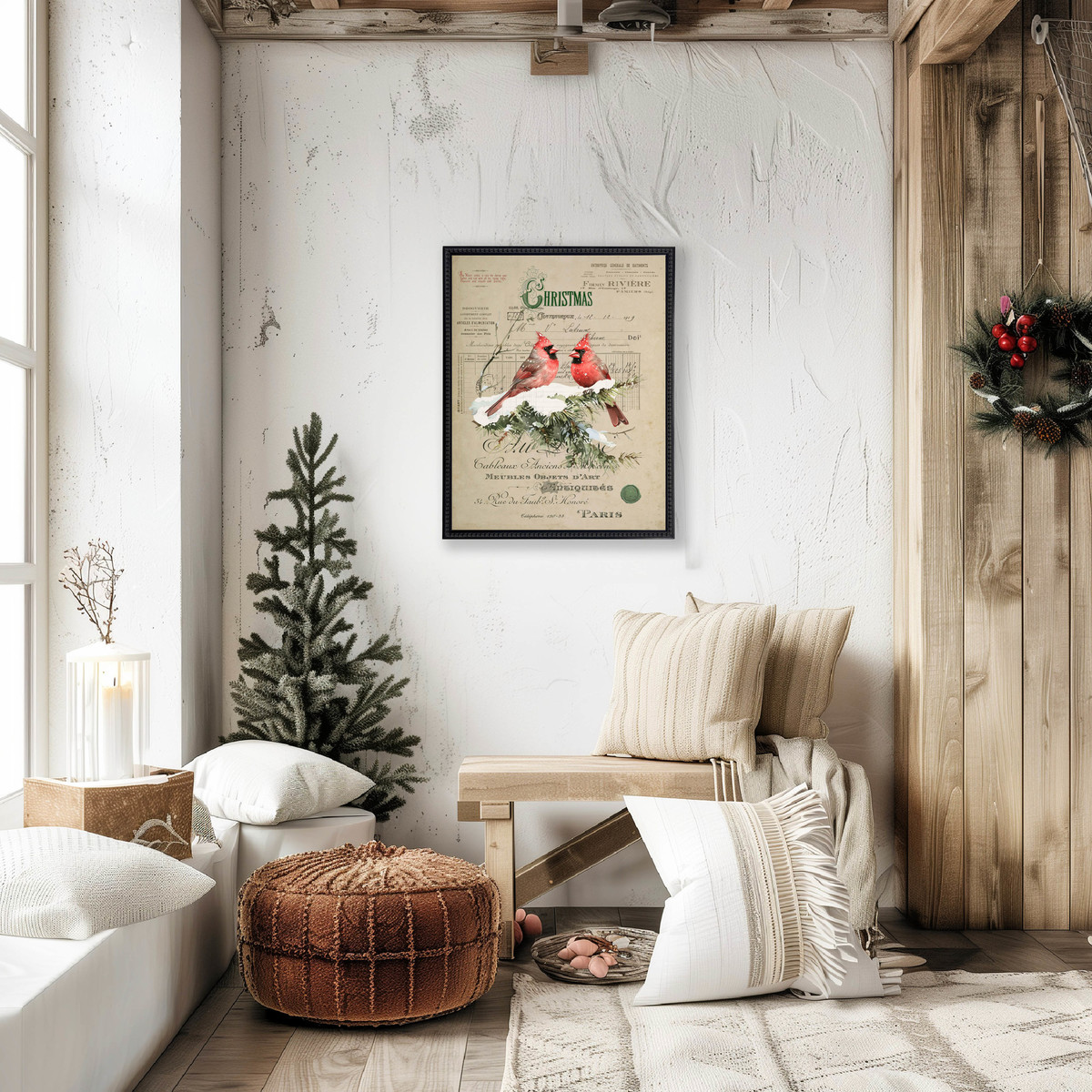 Antique Curiosities Vintage Painting of Cardinals on a Distressed Bookplate Background Wall Art - Image 2 of 2