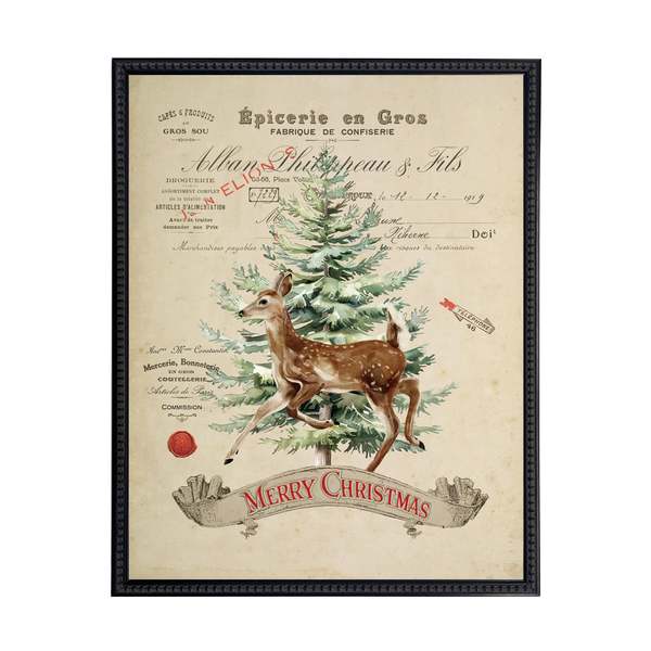 Antique Curiosities Vintage Painting of Deer and Tree on a Distressed Bookplate Background Framed Print - Black
