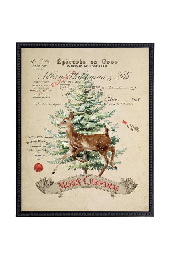 Antique Curiosities Vintage Painting of Deer and Tree on a Distressed Bookplate Background Framed Print - Black