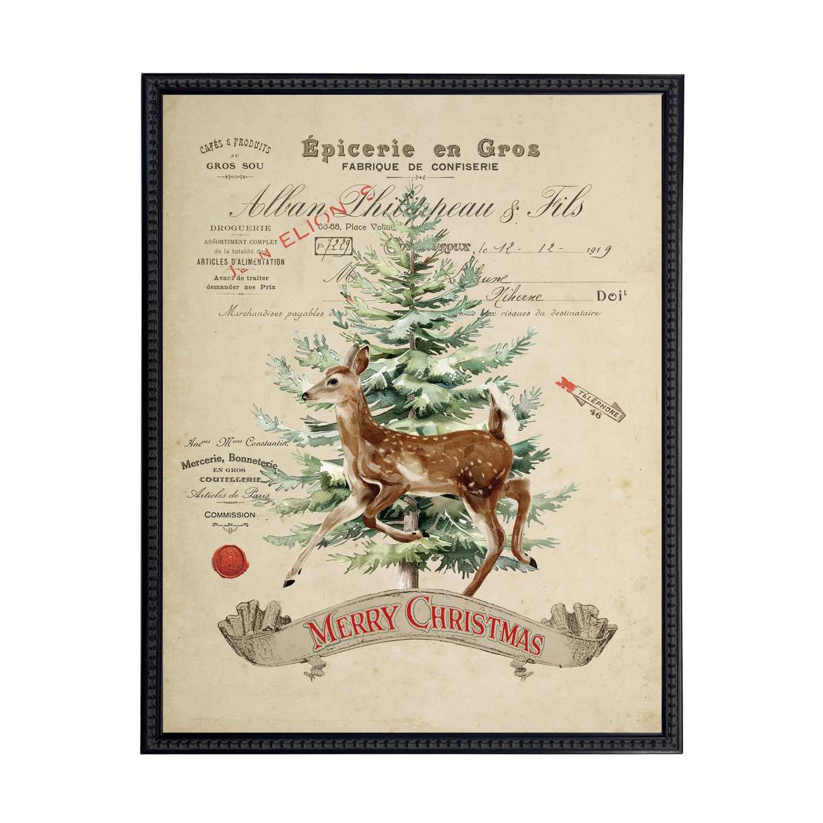 Antique Curiosities Vintage Painting of Deer and Tree on a Distressed Bookplate Background Framed Print - Black - Image 1 of 2