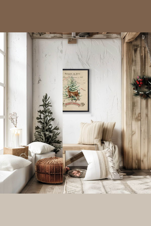 Antique Curiosities Vintage Painting of Deer and Tree on a Distressed Bookplate Background Framed Print - Black