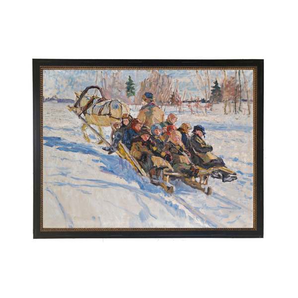 Antique Curiosities Vintage Winter Scene with Children and Horse and Sled Framed Print