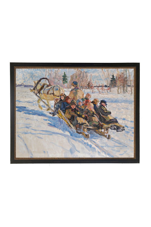 Antique Curiosities Vintage Winter Scene with Children and Horse and Sled Framed Print