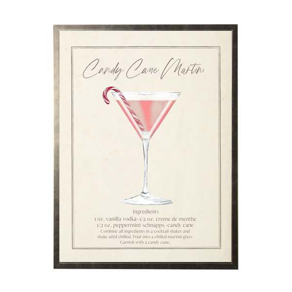 Antique Curiosities Watercolor Candy Cane Martini Cocktail and Recipe Framed Print - Pewter