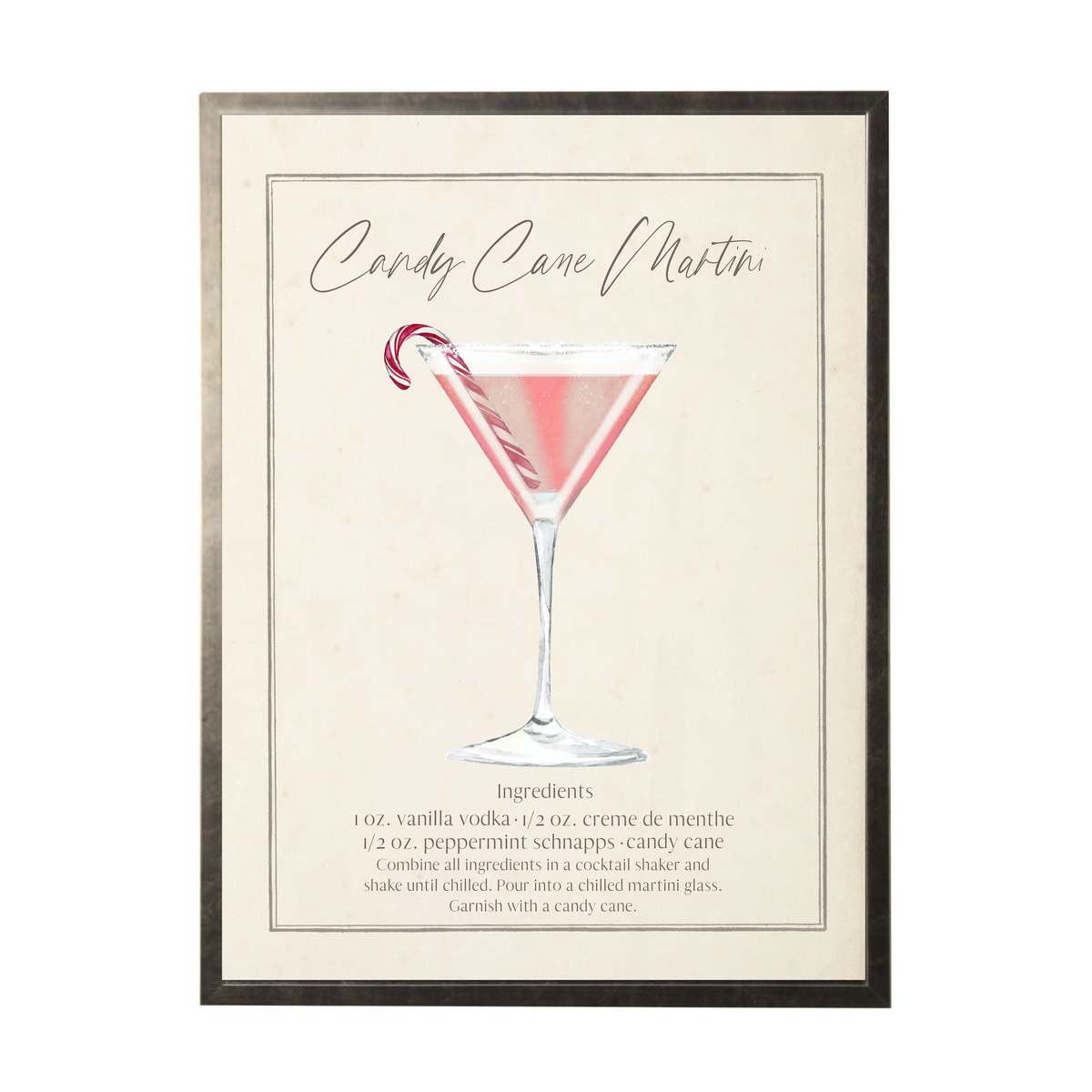 Antique Curiosities Watercolor Candy Cane Martini Cocktail and Recipe Framed Print - Pewter - Image 1 of 2