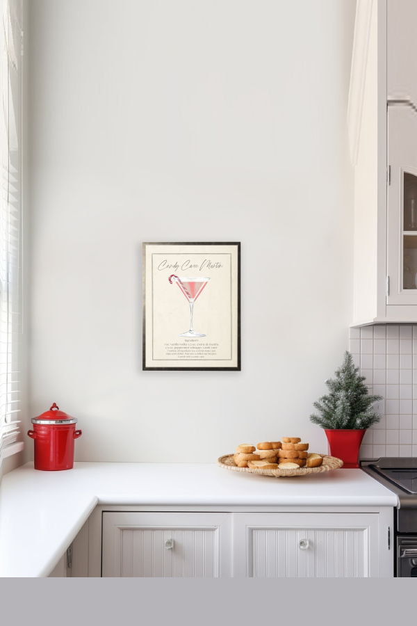 Antique Curiosities Watercolor Candy Cane Martini Cocktail and Recipe Framed Print - Pewter