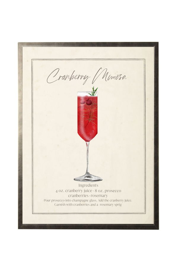 Antique Curiosities Watercolor Cranberry Mimosa Cocktail and Recipe Framed Print
