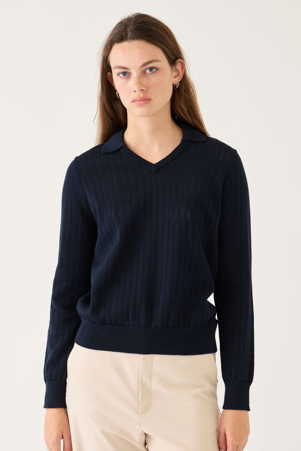 DEMYLEE Aster Linear Pointelle Cotton Polo - Navy