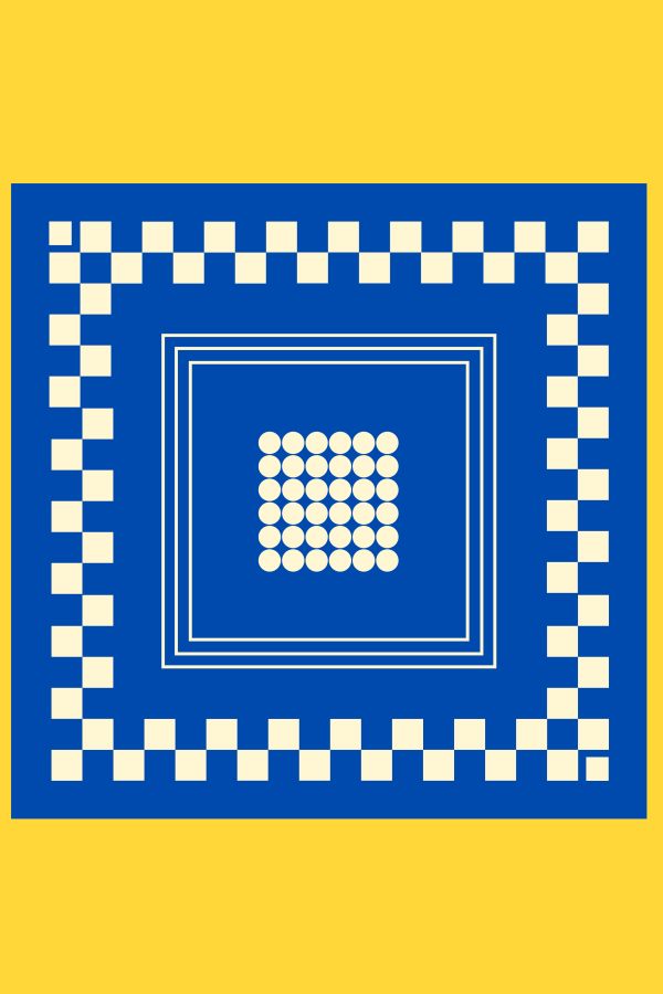 DUSHYANT. Archie Bandana No. 20 - Dots and Squares on Blue and Yellow Bandana
