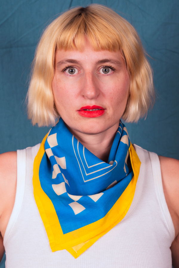 DUSHYANT. Archie Bandana No. 20 - Dots and Squares on Blue and Yellow Bandana