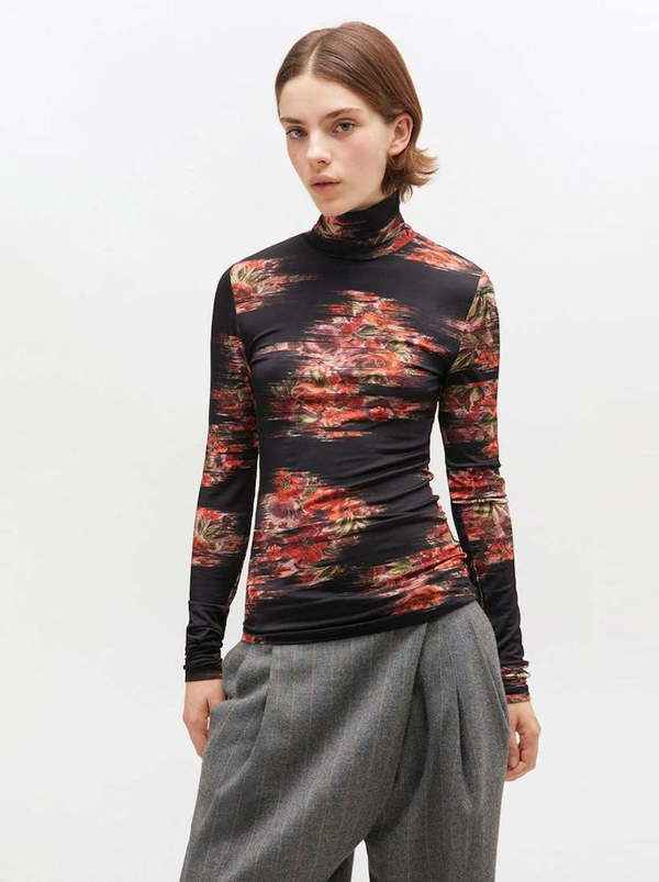 Ganni Printed Shiny Jersey Turtleneck