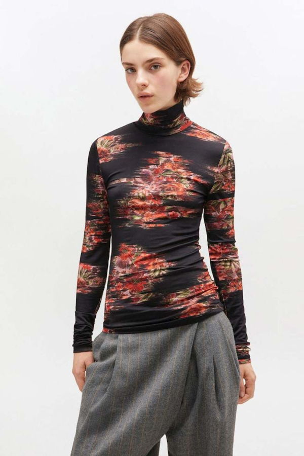 Ganni Printed Shiny Jersey Turtleneck