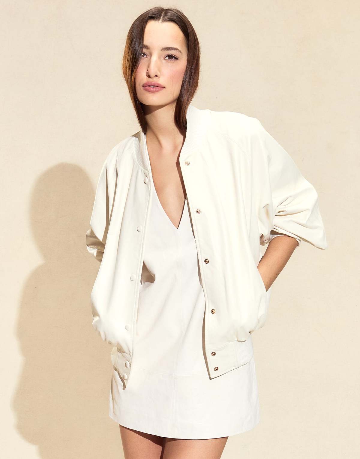 Cynthia Rowley Downtown Leather Bomber Jacket - Off White - Image 2 of 7