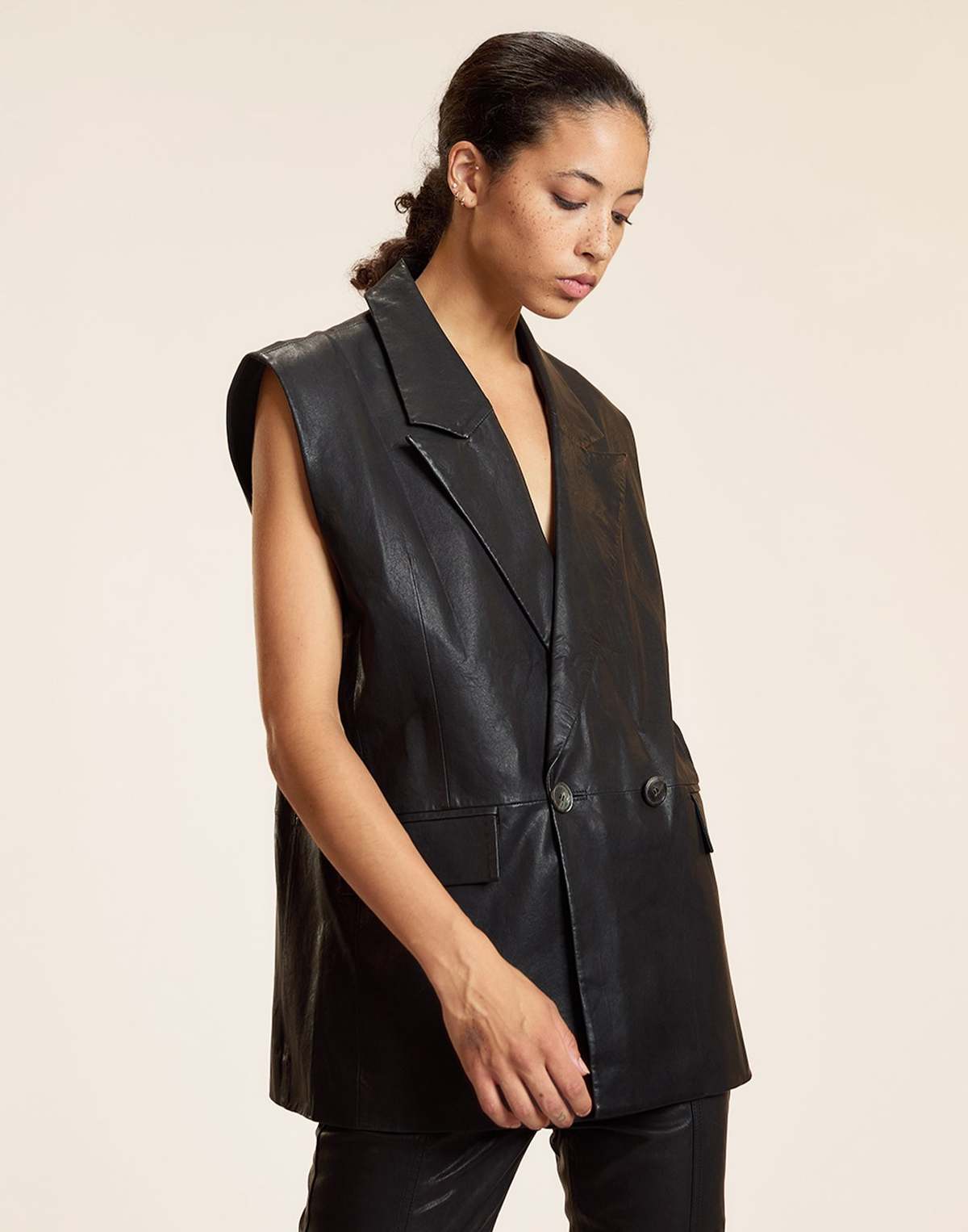 Cynthia Rowley Lola Leather Vest - Black - Image 2 of 7