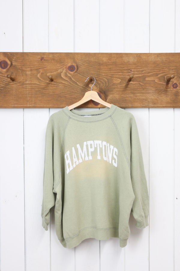 Best Regards - Upcycled Destination Goods Weathered Hamptons Varsity Sweatshirt - Cream/Green