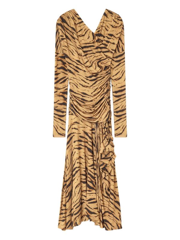 Ganni Printed Ruched Long Dress - Brown Ganni Printed Ruched Long Dress - Brown