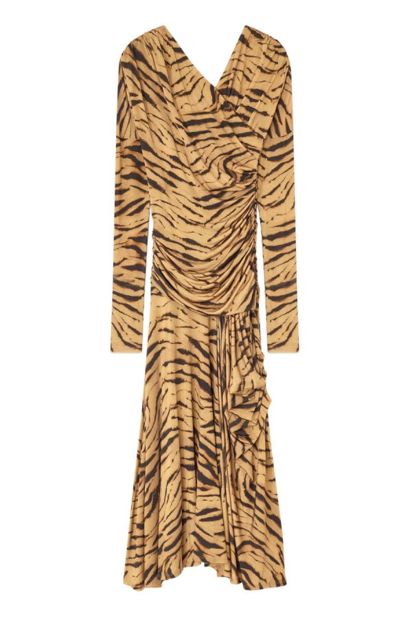 Ganni Printed Ruched Long Dress - Brown
