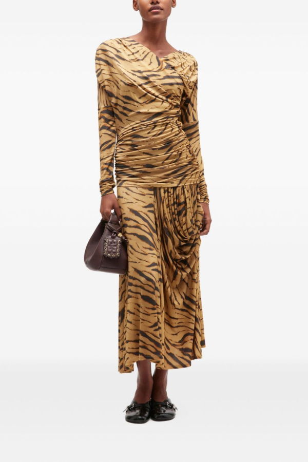 Ganni Printed Ruched Long Dress - Brown