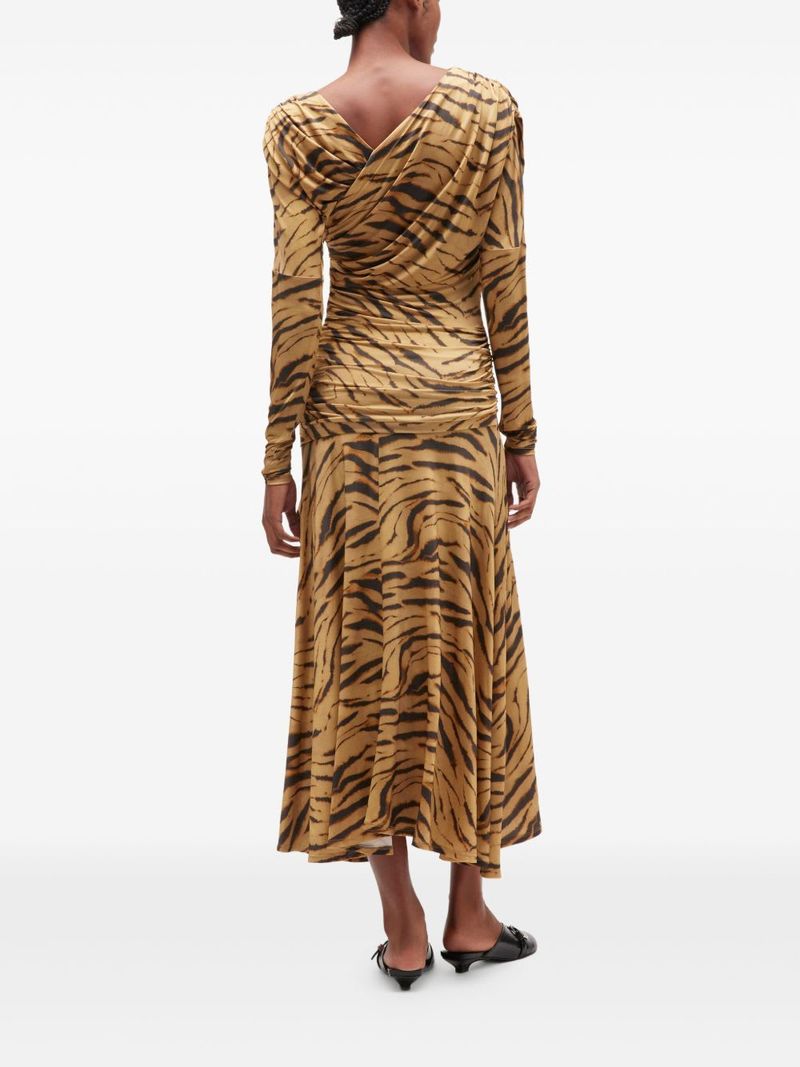 Ganni Printed Ruched Long Dress - Brown