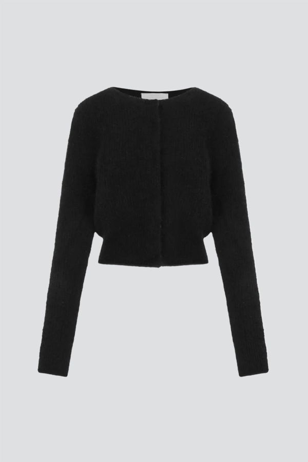 AMOMENTO Black Round Neck Sheer Cardigan