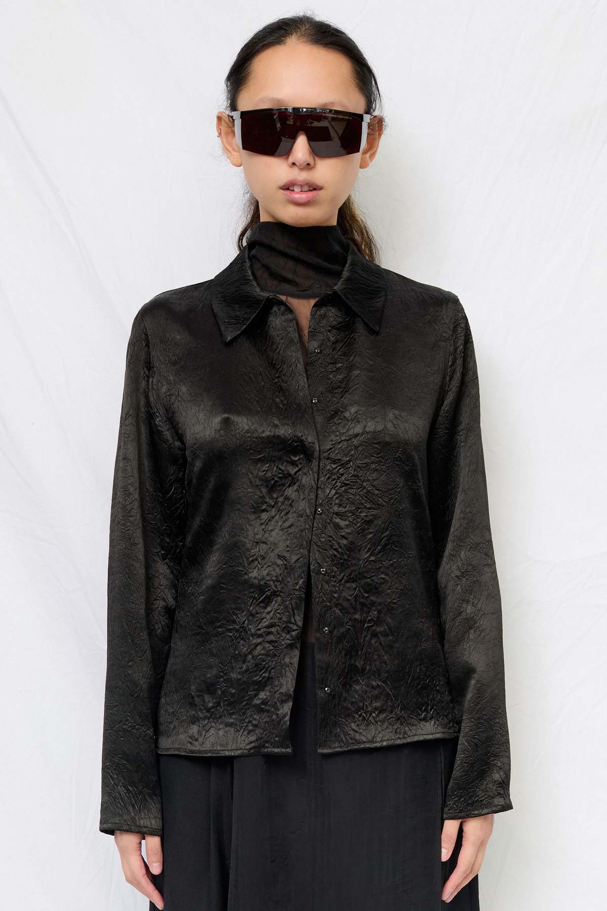 Assembly Black Wrinkled Acetate Fitted Button Up Top - Image 1 of 5