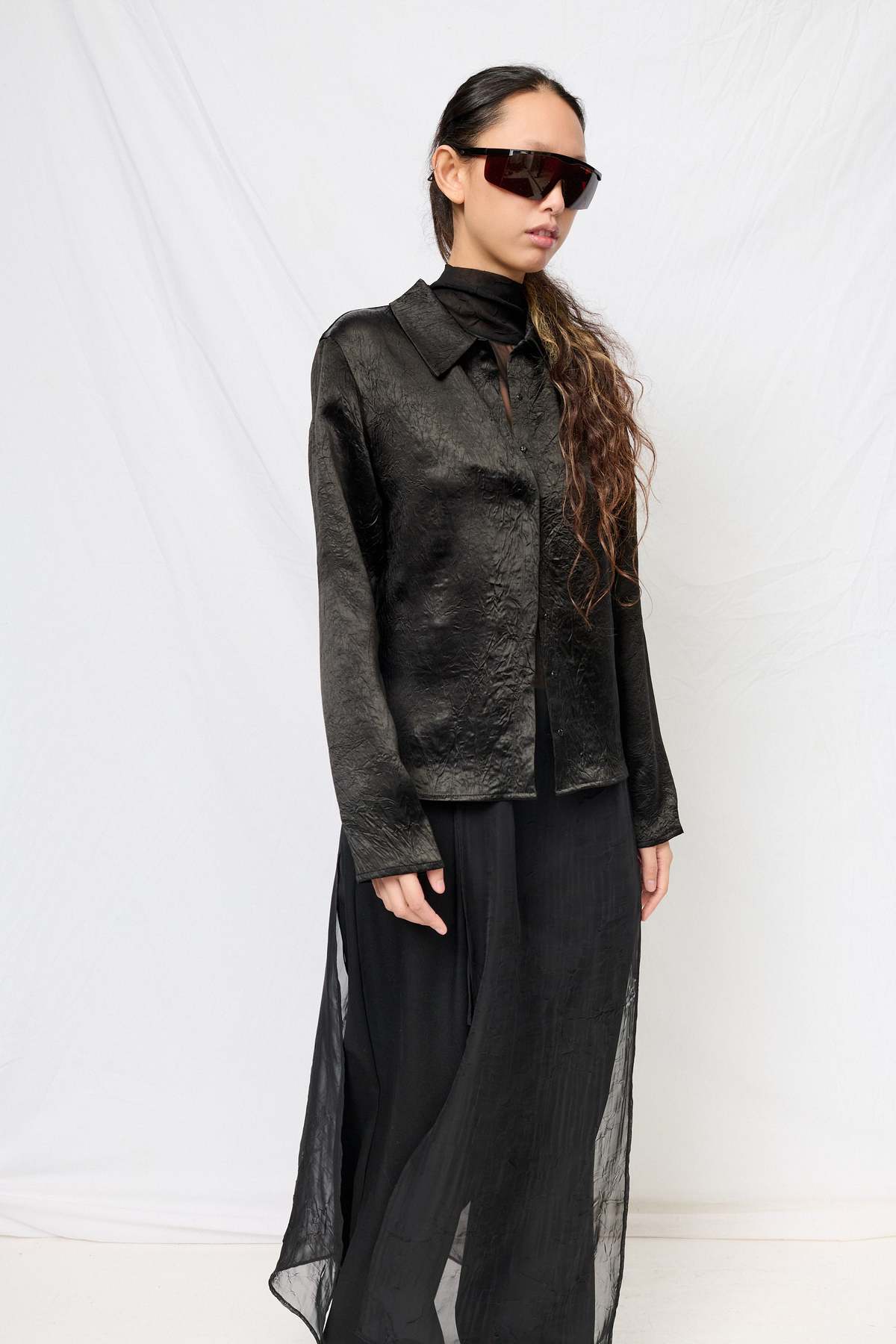 Assembly Black Wrinkled Acetate Fitted Button Up Top - Image 2 of 5