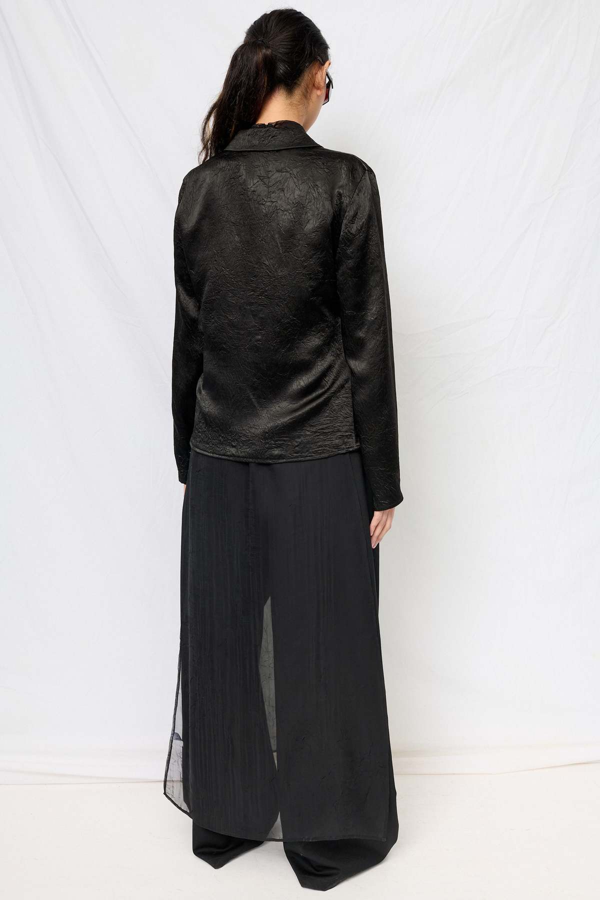 Assembly Black Wrinkled Acetate Fitted Button Up Top - Image 5 of 5
