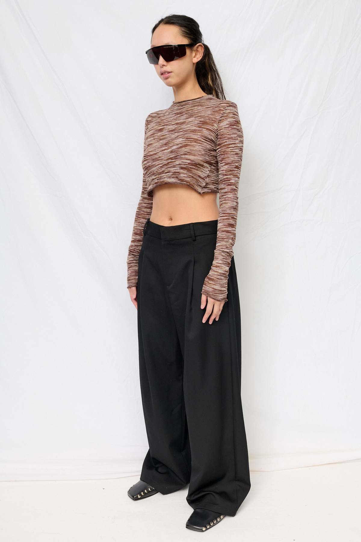 Assembly Variegated Knit Crop Long Sleeve Mockneck Top - Brown - Image 2 of 5