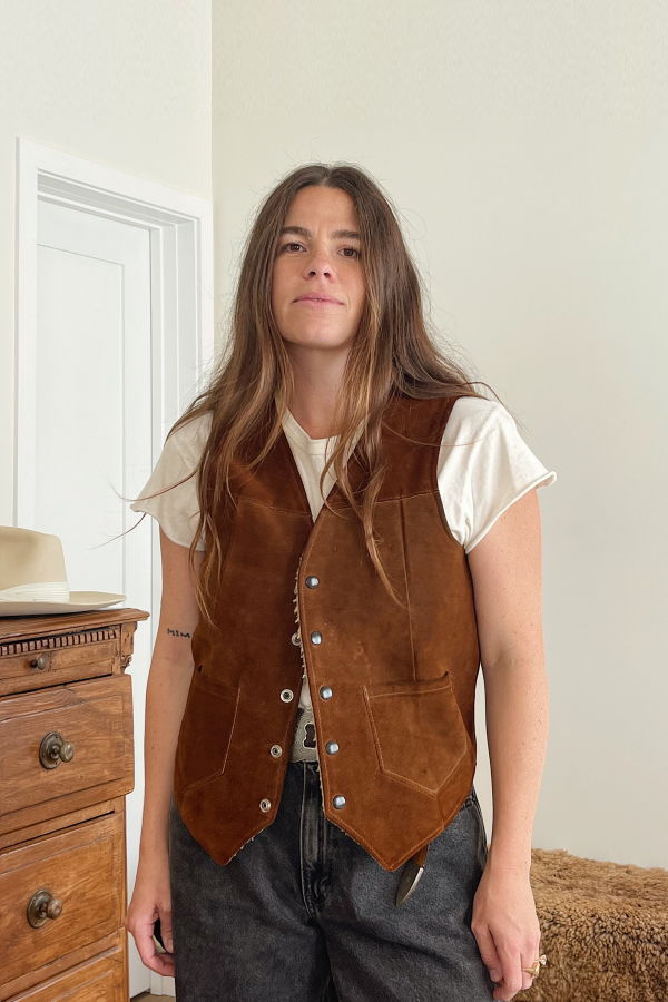 Suede Leather Sherpa Vest - Soft Brown