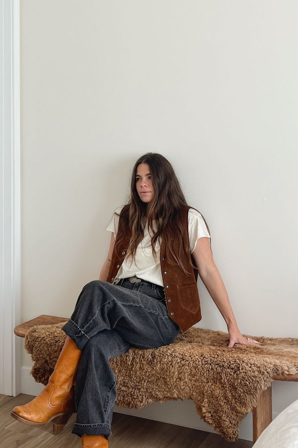 Suede Leather Sherpa Vest - Soft Brown