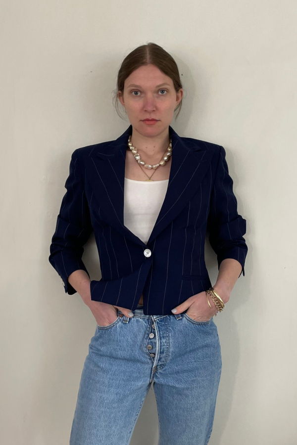 Ralph Lauren Vintage Cropped Pinstripe Wool Blazer