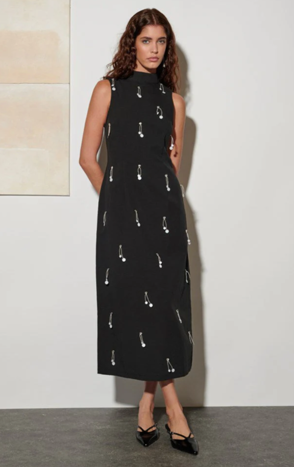 Ghospell Augusta Embellished Midi Dress - Coal Black | Garmentory