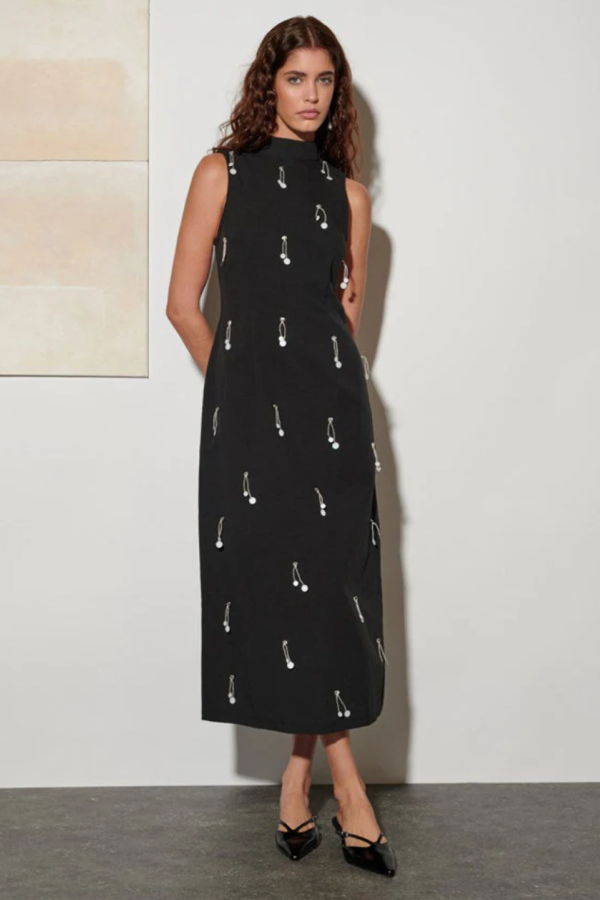 Ghospell Augusta Embellished Midi Dress - Coal Black