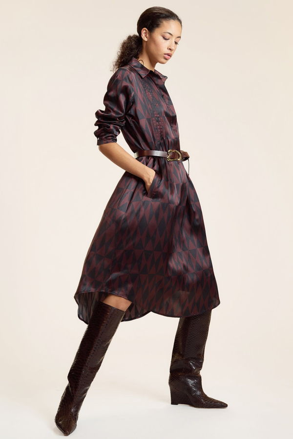 Cynthia Rowley Silk Pintuck Shirt Dress - Black/Burgundy