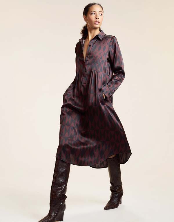 Cynthia Rowley Pintuck Silk Charmeuse Shirt Dress - Black/burgundy