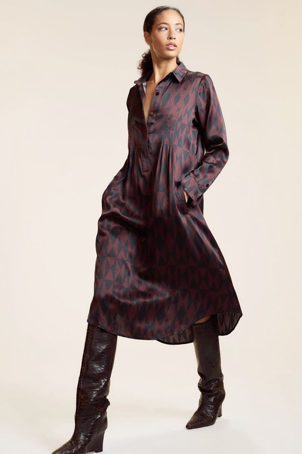 Cynthia Rowley Silk Pintuck Shirt Dress - Black/Burgundy