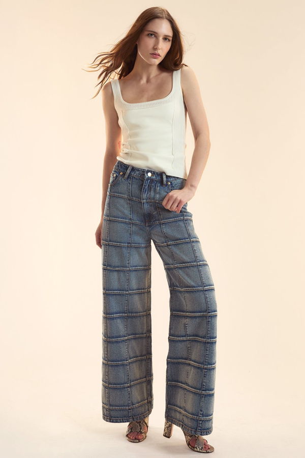 Cynthia Rowley Windowpane Wide-Leg Jeans - Light Wash