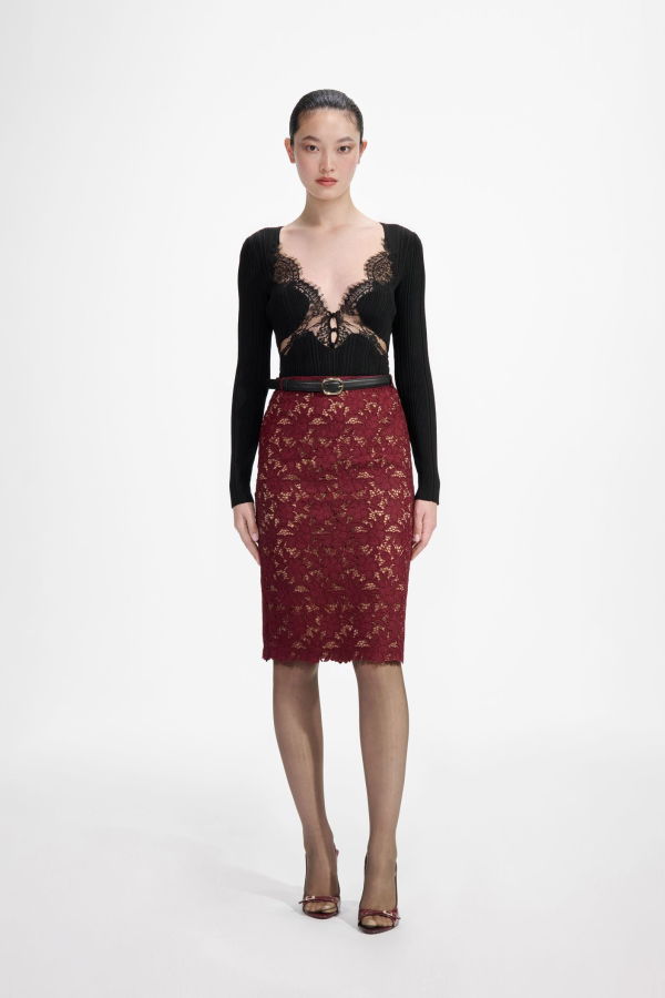Self-Portrait Guipure Lace Midi Skirt - Burgundy