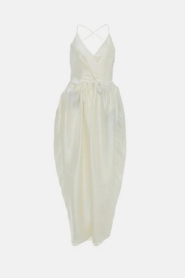 YANGKEHAN Cross-Back Gathered Silk Dress - White
