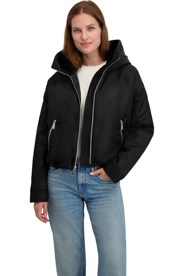 Laundry by Shelli Segal Heavyweight Windbreaker Jacket with Sherpa Lined Hood - Black