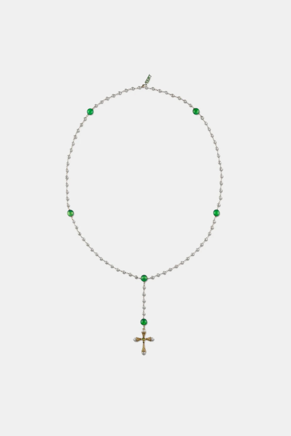VEERT Freshwater Pearl Green Onyx & Peridot Rosary Necklace - Yellow Gold